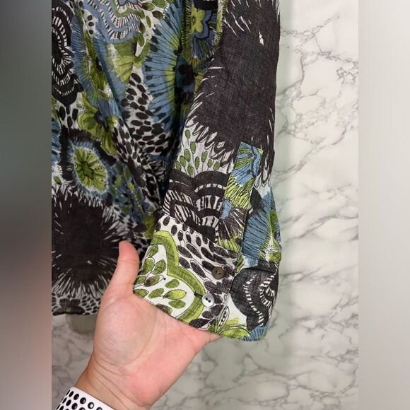 Lafayette 148 Womens Top Linen Blend Floral Print Blue Brown Front Tie Size 8 - Picture 3 of 7